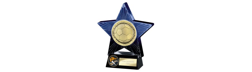 SUPERSTAR BLUE FOOTBALL RESIN TROPHY - 2 SIZES 11CM & 14CM SUPERSTAR BLUE FOOTBALL RESIN TROPHY - 2 SIZES 11CM & 14CM